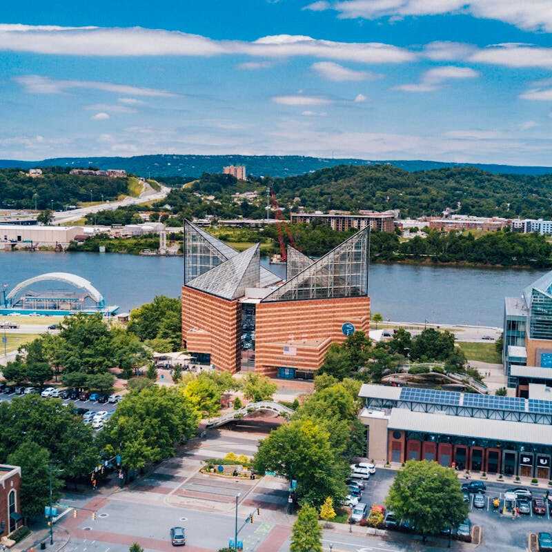 Aerial view of downtown Chattanooga with Tennessee Aquarium and river
